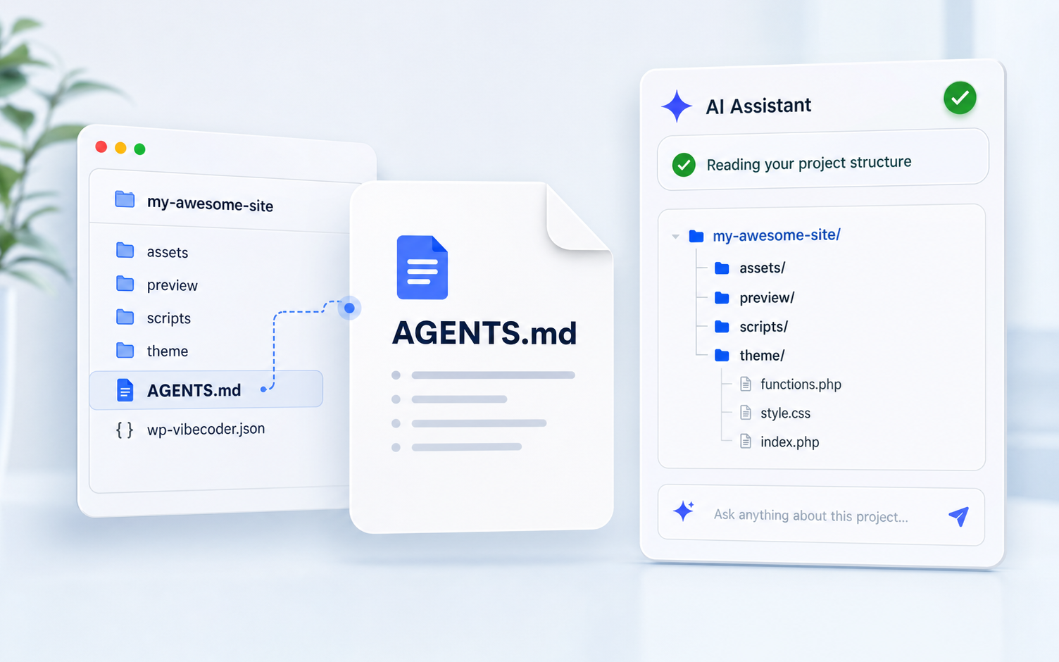 AI agent reading AGENTS.md and the expected project structure.