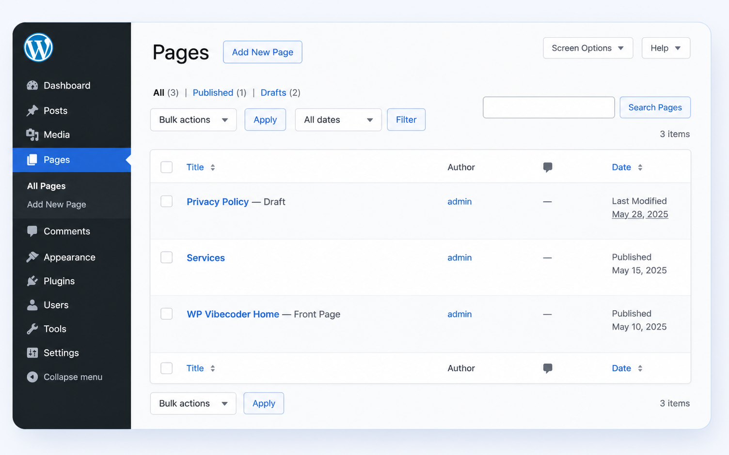 WordPress Pages admin list with native pages created by the agent.